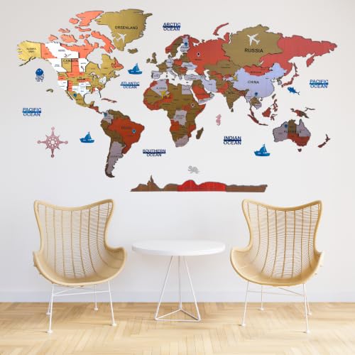 Image of ELK 3D Wooden World Map Wall Decor with Country Names , Capitals & States | Premium Multilayer Laser Cut Wall Art | Easy DIY Installation | Travel Theme Home Decor for Living Room, Office | Size : L (156x89 CM)