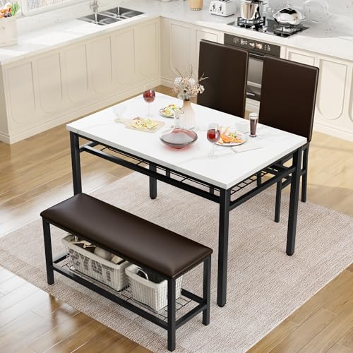 image for Lamerge Kitchen Table Chairs Set of 4 with Bench, Faux Mable Dining Ta