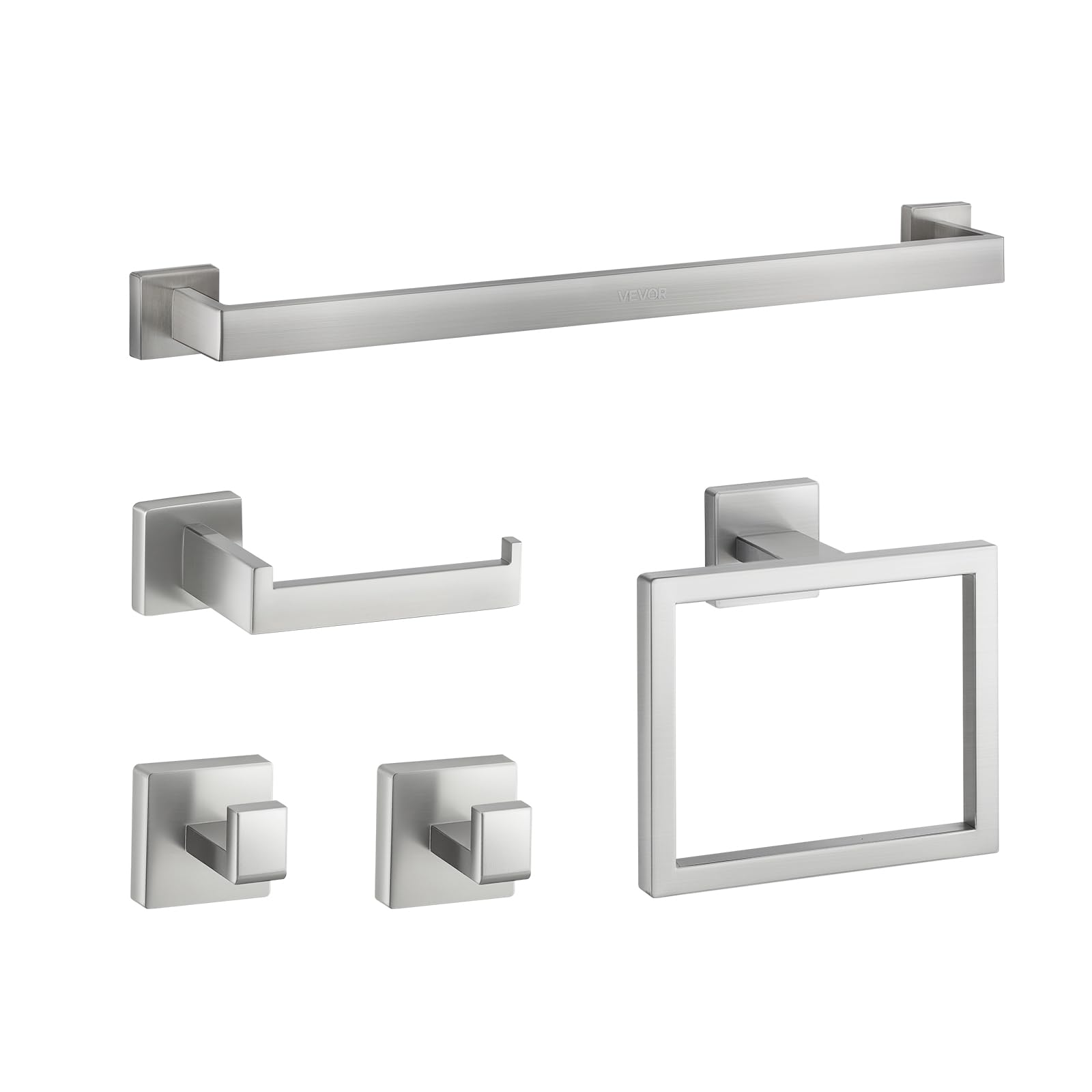 VEVOR Juego de Accesorios de Baño, Acero Inoxidable 304, con Toallero y Toallero Anillo Cuadrado, 2 Ganchos y Portarrollos de Papel Higiénico, para Baño, en Pared, 598 x 50 x 80 mm, Plata, 5 uds
