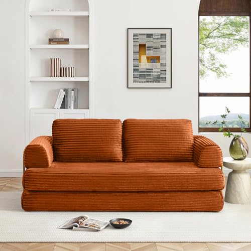 Image of HANXIN 80 Inch Convertible Sleeper Sofa Bed, High Back Plush Corduroy Folding Floor Mattress Couch with Fixed-Shape Frame, Boneless Futon Loveseat with Pull Out Bed, No Assembly Required (Orange)