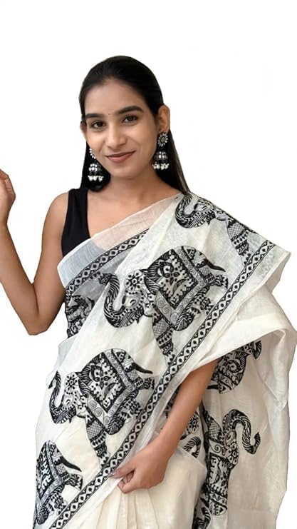 Women's Handloom Linen Cotton With Digital Printed Saree With Latkan And Blouse Piece-picture-17