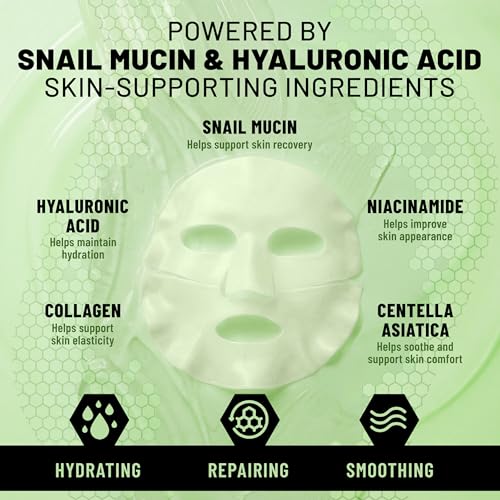 Image of TOLEVITA Snail Mucin Bio-Collagen Face Mask for Repair & Elasticity - 6 Pack, Overnight Hydrogel Mask for All Skin Types (Green)