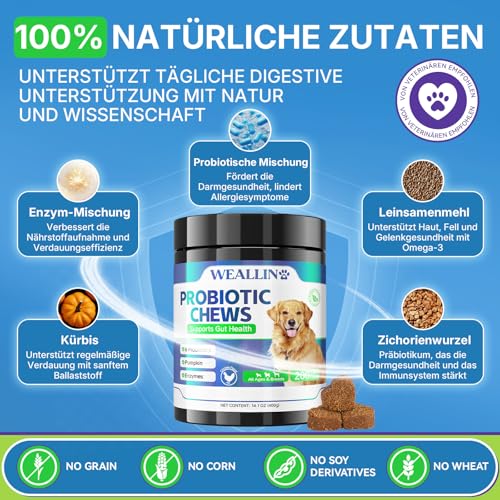 WEALLIN Probiotika für Hunde, Präbiotika für die Darmgesundheit – Unterstützt die Verdauungsgesundheit und die Nährstoffaufnahme – 200 Weiche Kaudrops zur Unterstützung der Hautgesundheit