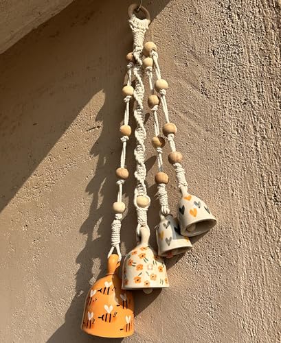Image of Mundane | Macrame Bell Hanging with Handpainted Ceramic Bells | Wall & Balcony Home Decor (Yellow- Zelora Bells)