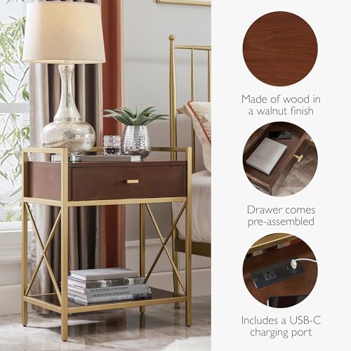 Image of Claudette Nightstand with USB-C Fast Charging Station, Solid Wood and Metal, Walnut Brown and Gold Side Table, Perfect for Bedrooms, Living Rooms, and Offices - Leick Home, 9069-WA