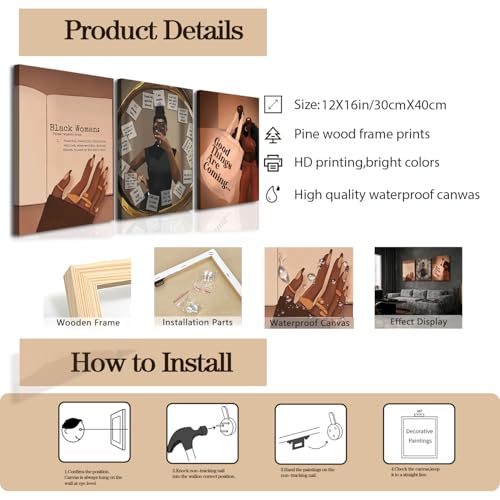 3pcs Black Girl Wall Art, African American Wall Decor Paintings, Fashion Abstract Black Woman Poster Canvas Prints Pictures for Living Room Bedroom 12x16 inch Framed - Image 3