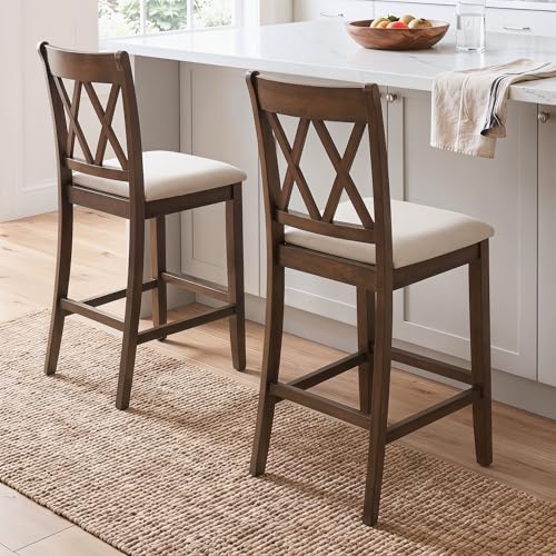 Butacos de barra chairus, set de 6 unidades, altura 24 pulgadas, respaldo en X cruzado y asiento acolchado en cuero sintético PU, estilo moderno y rústico para isla de cocina, bar en casa o comedor miniatura 4