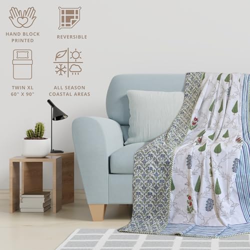 Image of TOAIArt Premium Jaipuri Dohar | AC Blanket Summer Quilt | Hand Block Printed | 3 Layers | Reversible | 150GSM 100% Mulmul Cotton | 100% Cotton Flannel Filling | Single 60 inch X 90 inch |Adil Jaal