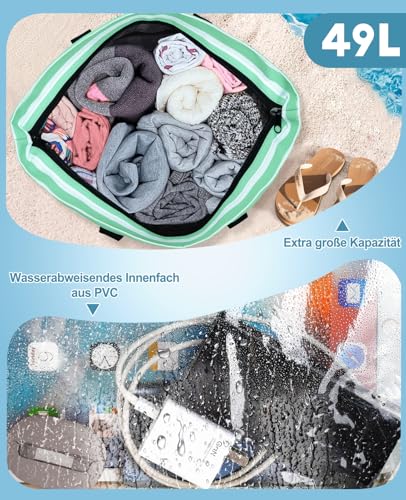 ISEYOU Strandtasche XXL Familie mit Kühltasche, Groß Strandtasche mit Reißverschluss Wasserdicht Sanddicht, Handtasche Damen 49L, Faltbar Badetasche für Urlaub Reisen Fitnessstudio Picknick