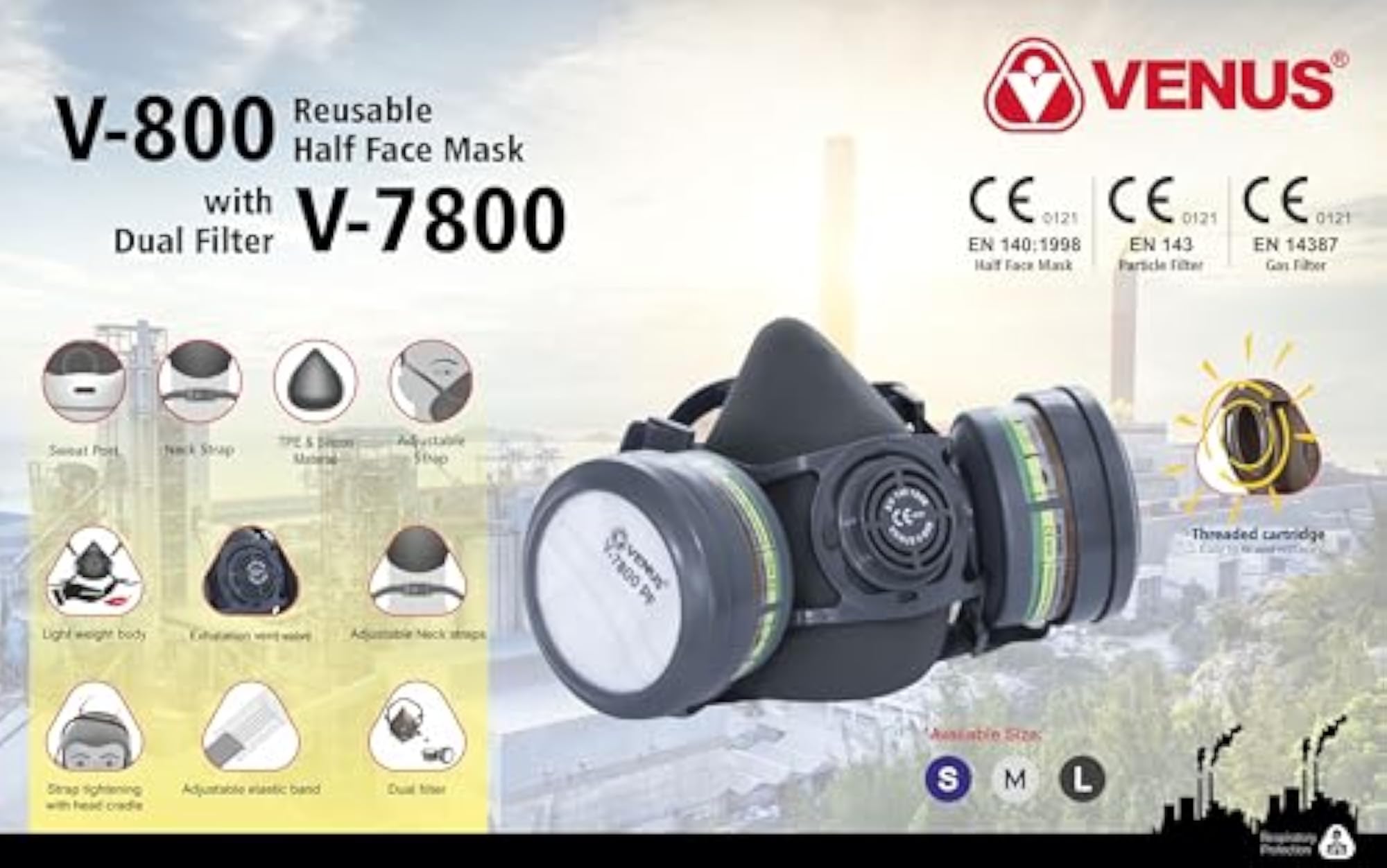 V-800 Half Face Reusable Respirator Mask with Filter