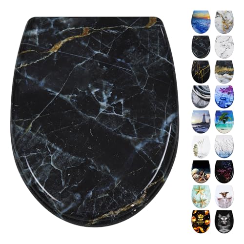 Fanmitrk Toilettendeckel, WC Sitz mit Absenkautomatik, Klodeckel mit Schnellverschluss, Duroplast Klobrille Montage von oben, Toilettensitz mit Motiv, O Form (Schwarz Marmor)
