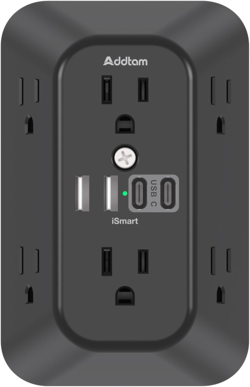 Addtam Surge Protector Outlet Extender, 6-Outlet Splitter with 4 USB Wall Charger(2 USB-C Ports), Multi Plug Wall Outlet 1800J Power Strip for Home Office Dorm Room Essentials, Black