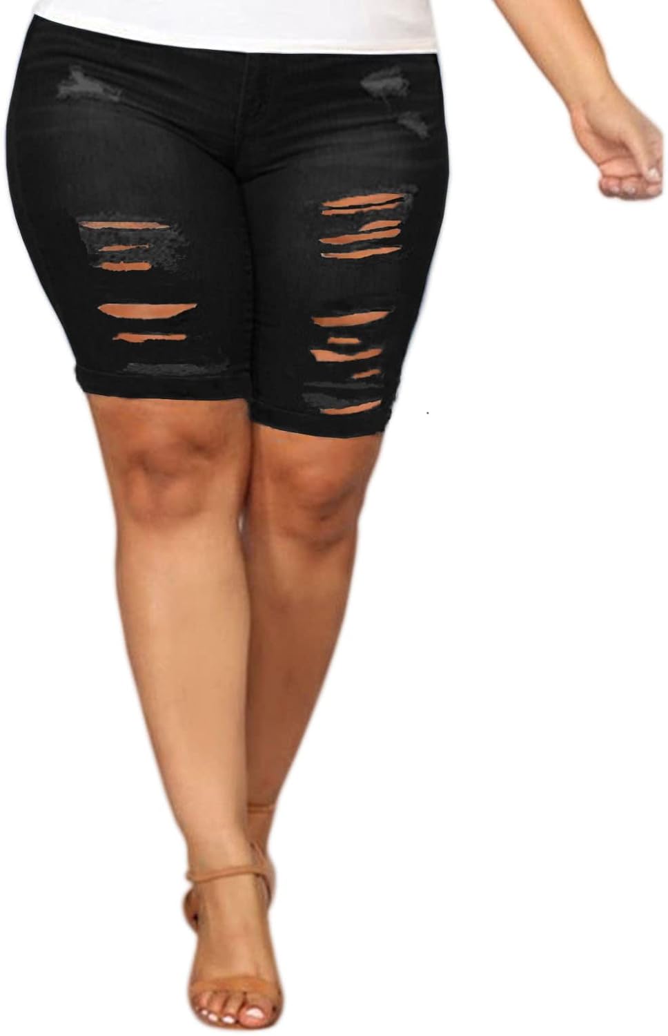 Laeyzuo Women's Plus Size Denim Shorts High Waisted Ripped Folded Hem Summer Jean Shorts - Image 2