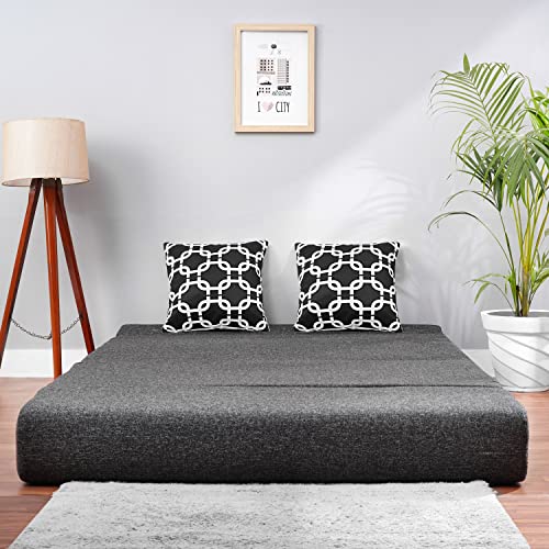 Image of Convertible Fabric Sofa Cum Bed | Foldable Double Foam & Washable Cover with Cushions | Modern Design Use Living Room & Guest Room (Dark-Grey-Multi-Chain, 4X6 Ft)