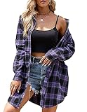 HOTOUCH Womens Long Flannel Shirt Soft Boyfriend Style Long Sleeve Casual Plaid Shirts Tops Purple L