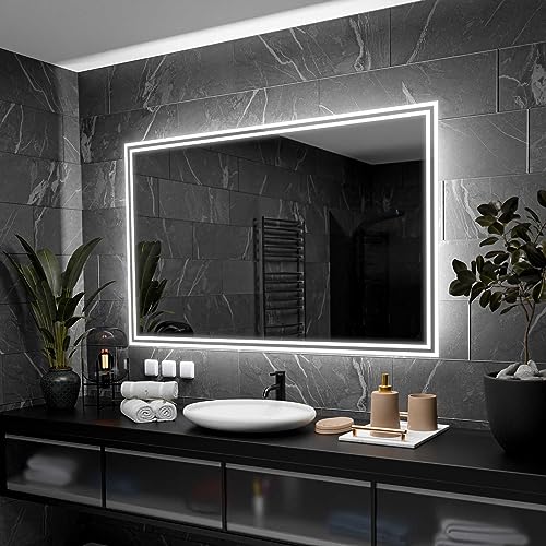 Alasta Vienna Specchio Bagno Anti Nebbia 130x90 cm Specchio Bagno con Luce - Specchio da Parete Personalizzabile, Rettangolare con Opzione di Selezione del Colore della Luce