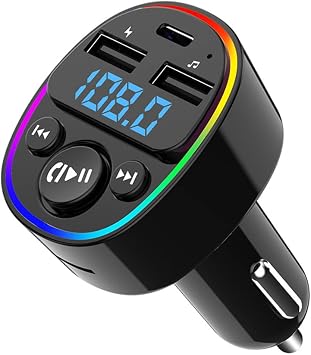 Car Radio Bluetooth Adapter, 7 Color LED Backlit, Hands-Free Calling, Bluetooth 5.0, USB & TF Card Play, Dual Car Charger, Multiple Colors