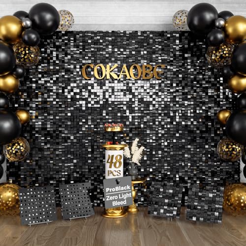 COKAOBE ProBlack Series Shimmer Wall Backdrop 48 Pcs Black Square Sequin Glitter Backdrop Panel Black Back Not See-Through Design Perfect for Birthday Graduation Wedding and Party Decoration