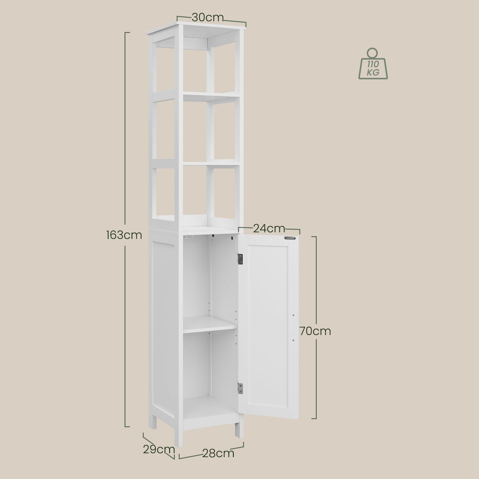 EUGAD Mobile Alto da Bagno, Mobiletto da Bagno, con 3 Scomparti Aperti, 30x30x163 cm, Portaoggetti, Mobiletto Salvaspazio Stretto, per Bagno, Soggiorno, Studio e Ufficio, Bianco 002WDG