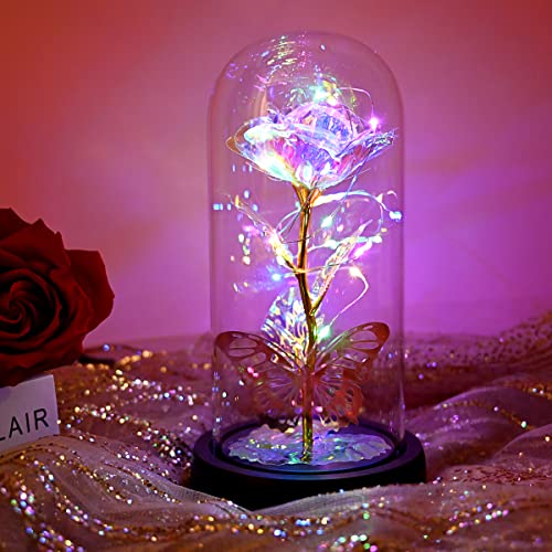 Mother S Day Rose Gifts For Mom,Galaxy Rainbow Butterfly Rose In Glass Dome,Women Gifts Birthday Valentines Thanksgiving Christmas Day Gifts Purple Preserved Rose Gift Flower Roses (Rainbow Colorful) #TOP1