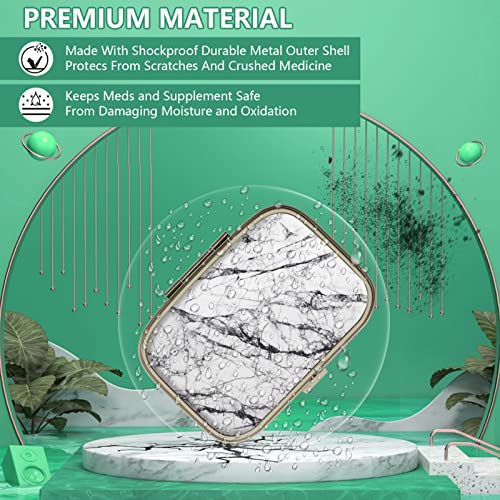 Image of Pill Organizer Pill Box with Mirror Retro Small Pill Case for Purse or Pocket Bronze Pill Box or Vitamins, Fish Oil, Supplements, Pill Containe Travel Gifts(4PCS-Marble-White-Bule)