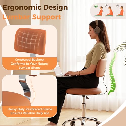 Image of Rolling Stool Chair with Wheels, Office Drafting Chair with Back Support, Height Adjustable Standing Desk Stool with PU Leather Cushion for Home Office Kitchen Vanity Spa Garage Tattoo Dentist, Camel