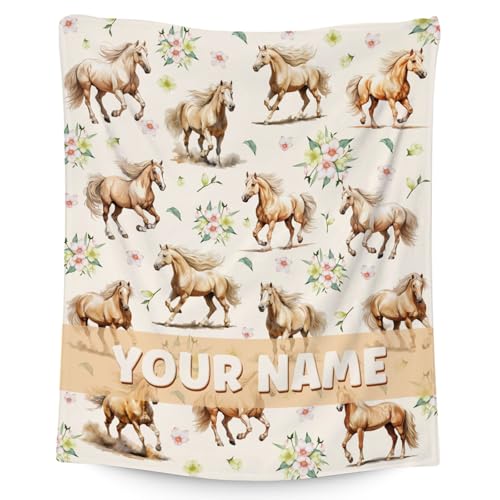 Custom Horse Throws Blanket with Name - 40x50 Inches Cute Throw Blanket for Girls - White Soft Fuzzy Blankets for Couch & Office
