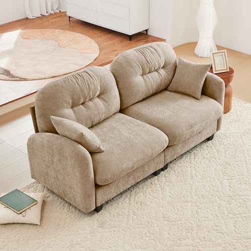 Image of KEIKI 74 inch Oversized Chenille Modular Sectional Loveseat Sofa with High-Density Foam Cushions and Tufted Pleated Cushion Backrest, Upholstered 2-Seater Cloud Couch with 2 Pillow, for Living Room, Camel