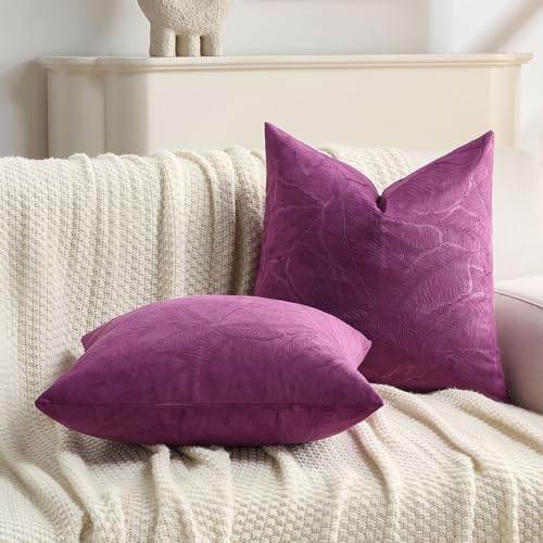 Image of FUTEI Pack of 2 Velvet Throw Pillow Covers 20x20 Inch Soft Embossed Leaf-Relief Textured Decorative Cushion Cases Modern Natural Farmhouse Accent for Couch Bed Living Room, Purple
