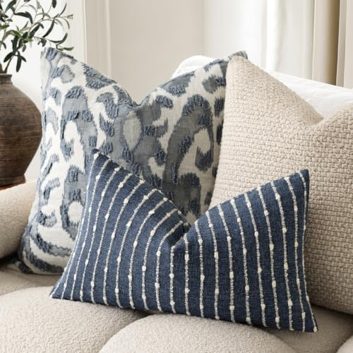 Image of Foindtower Boho Striped Boucle Lumbar Throw Pillow Covers 12x20 Dark Blue