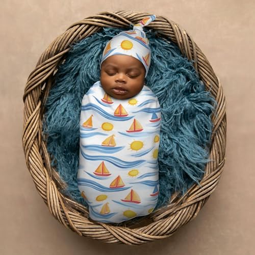 Image of Sunshine and Sail Boats Newborn Swaddle Blankets Hat Sets Soft Baby Receiving Blanket Swaddle Sack for Baby Shower Infant Boy Girl Gift