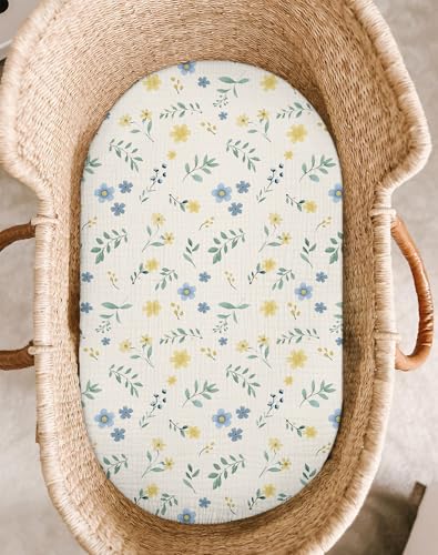 Image of Bassinet Sheet for Baby Boy and Girl 2 Pack, Fitted Sheets for Rectangle, Oval, Hourglass Bassinet Mattress, Muslin Moses Basket Sheets with Neutral Style (Spring Garden & Sage)
