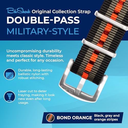 Image of BluShark - Original Collection Military-Style Waterproof Watch Strap, Fits All Timepiece Brands, Durable Nylon Wristwatch Accessories with Stainless Steel Buckle - 18mm, 20mm, 22mm & 24mm Watch Bands