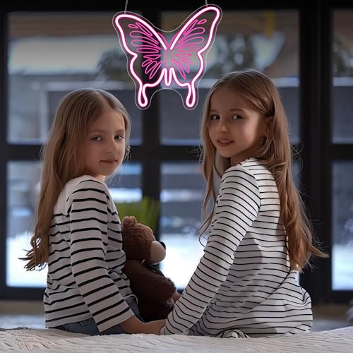 Image of Butterfly Neon Sign, JGHTURIE Pink Neon Signs for Wall Decor Engraved LED Light Up Sign Room Decor for Club Party Bar Signs Decoration USB Powered