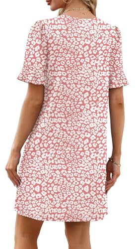 Image of OFEEFAN Summer Dresses for Women Ruffle Short Sleeve V Neck Casual Shift Dress with Pockets