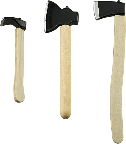 Miniatura 4 de Tegg Mini hacha 3 piezas de mango de madera en miniatura de metal hacha de hacha de metal para casa de muñecas al aire libre, accesorios de jardín