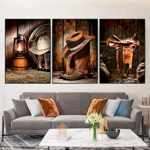 Tableau chapeau de cow-boy marron et bottes 40x60cm x3 avec cadre