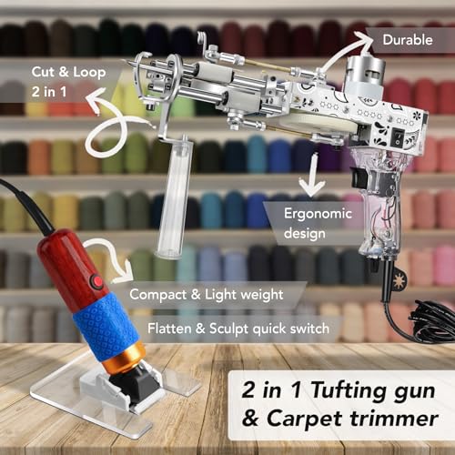 Image of Justuft Rug Tufting Gun with Carpet Trimmer Kit 2 in 1 Rug Gun Machine Starter Kit with Rug Shaver Carpet Making Rug Punch Supplies with Cloth (Transparent)