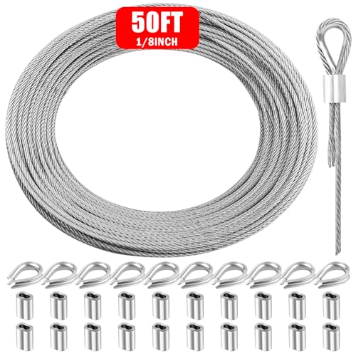 VIVBOO Metal Wire 1/8 inch Carbon Steel Galvanized Cable 50FT Length Aircraft Cable 7x7 Strand Core Picture Hanging Wire with 10 Pcs Thimbles and 20 Pcs Aluminum Sleeves