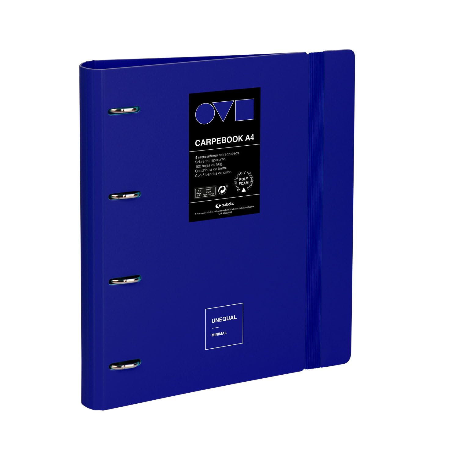 Grafoplas | 4 Ring Binder A4 | Carpebook Polyfoam | Durable and Ultralight | Minimal Blue Uniqual | Includes Refill, Dividers and Envelope | Perfect for Organizing School Subjects
