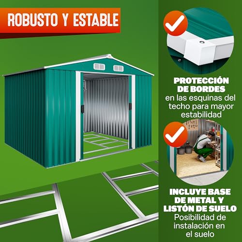 Miniatura 6 de Gardebruk Cobertizo De Jardín 5 M 260x205x180cm Caseta Metálica Exterior 9m Con Base Puerta Corrediza Verde