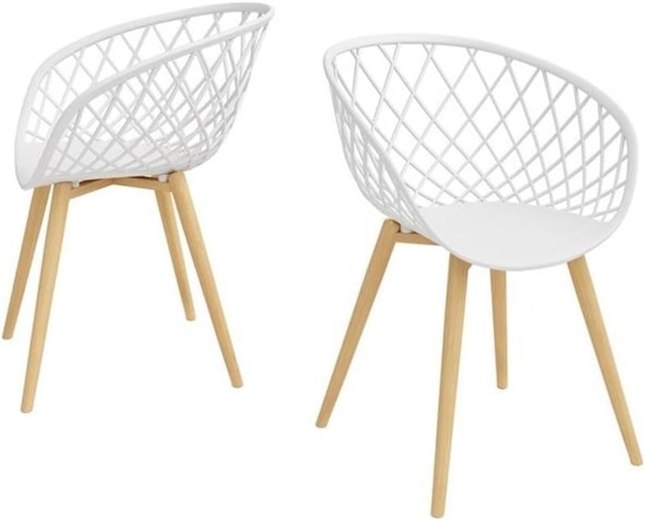 Pemberly Row Kids' Mini Chair 2-Piece Set, Polypropylene and Steel Frame, White and Natural Finish, Ergonomic Contoured Seat, Lightweight Weatherproof Design for Playroom or Outdoor Patio Use