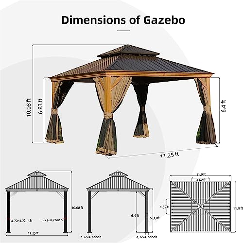 TREATLIFE HOME Durable 12'x12' Hardtop Gazebo for Outdoor Spaces, Wooden Coated Aluminum Frame, Double Roof Canopy with Curtains and Netting - Image 7
