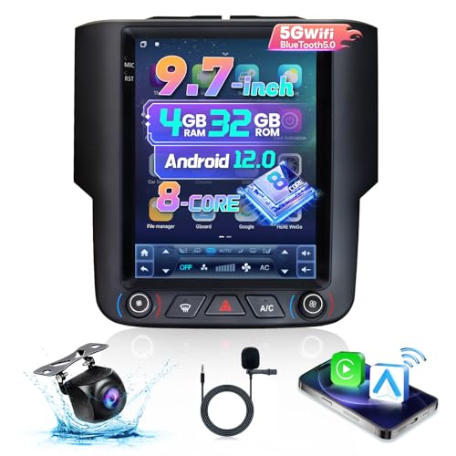 Gearzbtor 9.7 Inch 8Core 4+32G Car Radio for Dodge Ram 1500 2500 3500 2013-2018 for Manual AC,Vertical T-Style Screen Ram Stereo Carplay Android Auto 5Ghz WiFi GPS BT FM/RDS SWC Backup Camera