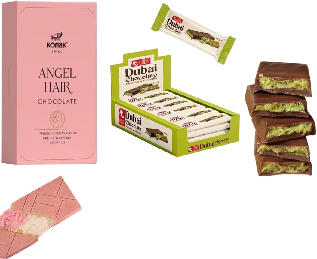 Angel Hair & Mini Dubai Chocolate Bar – Dubai Chocolate Pistachio 1.43 lb (Pack of 24) + Chocolat Cotton Candy Bar 170g (5.9 oz) – Luxury Assorted Sweets with Strawberry & Pistachio – Holiday, Birthday, Celebration Treat (1-Pack)