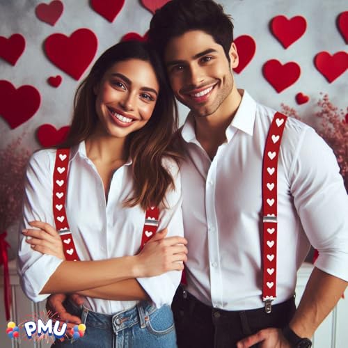 PMU Valentine’s Day Heart Suspenders Adjustable Suspender Set for Adults, Boys and Girls Y Back Clip Suspenders for Outfit Photography (Red) Pkg/12