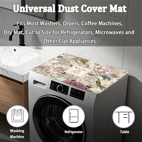 Image of Washer Dryer Top Cover Mat, Non-Slip Laundry Room Decor, Laundry Room Kitchen Appliance Decor Protector Universal 23.6 inchx19.7 inch (Flowers and Birds)