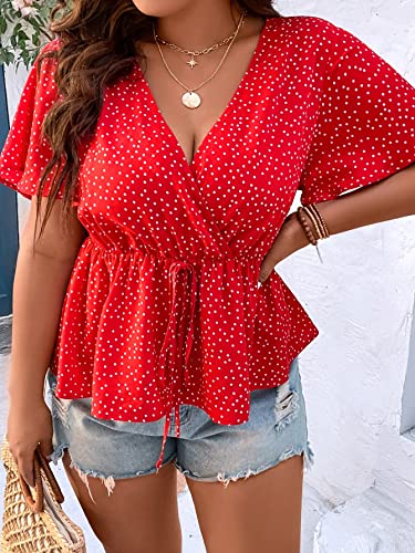 top feminino tamanho grande Plus Polka Dot Print Butterfly Sleeve Knot Front Peplum Blouse (Color :