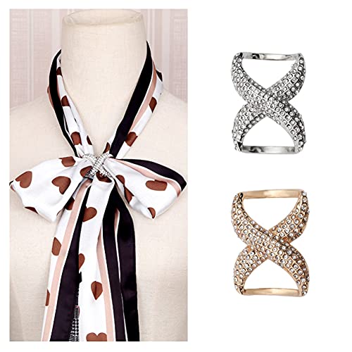 2PCS Womens Elegant Rhinestone Inlayed Scarf Ring Buckle Scarf Ring Clip Wrap Holder for T-Shirt Neckerchief Shawl Silk Scarf (Gold + Silver)4