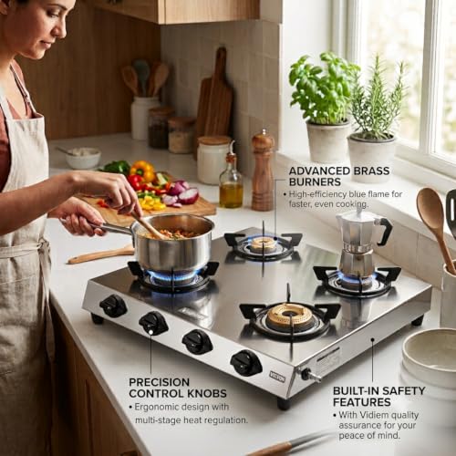 Image of Vidiem Victor Stainless Steel Gas Stove 4 burner| Brass Burners | Mirror Finish | Large Cooking Space | Anti-Rust | High Efficiency | ISI Certified | 5 Year Warranty